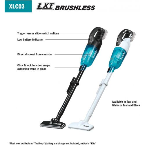  Makita XLC03ZWX4 18V LXT Lithium-Ion Brushless Cordless Vacuum, Trigger W/Lock, Tool Only, White