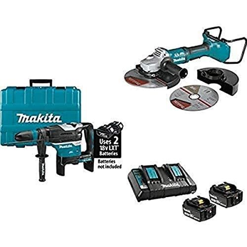  Makita Brushless 1-916” Advanced AVT Rotary Hammer, XAG13Z1 X2 (36V) Brushless 9” Cut-OffAngle Grinder, & 18V LXT Battery & Dual Port Charger Starter Pack (5.0Ah)