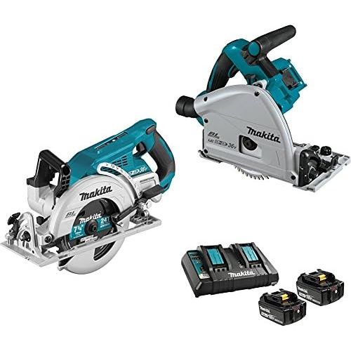  Makita XSR01Z 18V X2 LXT (36V) Brushless Rear Handle 7-14 Circular Saw, XPS01Z 18V X2 LXT Brushless 6-12 Plunge Circular Saw, & BL1850B2DC2 18V LXT Battery & Charger Starter Pack