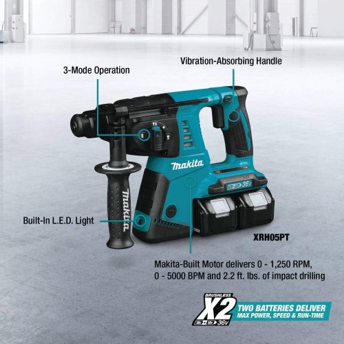  Makita XRH05PT 18V X2 LXT Lithium-Ion (36V) Cordless 1 Rotary Hammer Kit (5.0Ah)