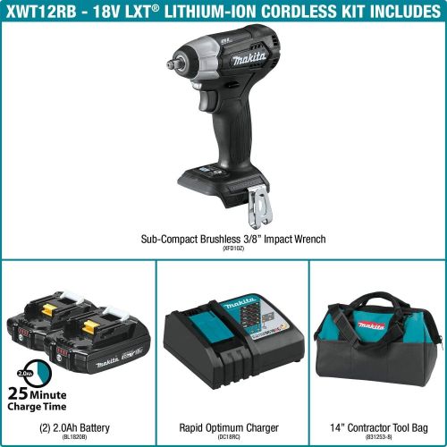  Makita XWT12RB 18V LXT Lithium-Ion Sub-Compact Brushless Cordless 38 Sq. Drive Impact Wrench Kit (2.0Ah)