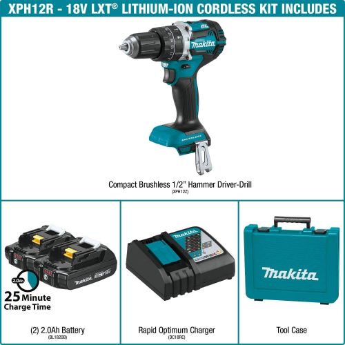  Makita XPH12R 18V LXT Lithium-Ion Compact Brushless Cordless 12 Hammer Driver-Drill Kit (2.0Ah),