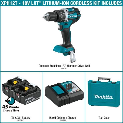  Makita XPH12R 18V LXT Lithium-Ion Compact Brushless Cordless 12 Hammer Driver-Drill Kit (2.0Ah),