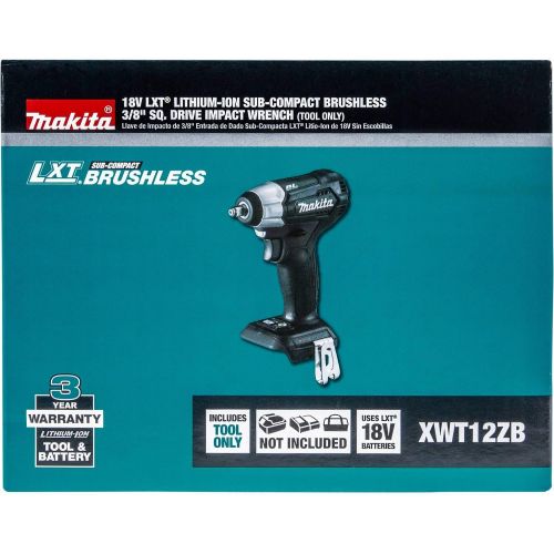  Makita XWT12ZB 18V LXT Lithium-Ion Sub-Compact Brushless Cordless 38 Sq. Drive Impact Wrench, Tool Only