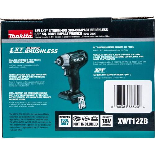  Makita XWT12ZB 18V LXT Lithium-Ion Sub-Compact Brushless Cordless 38 Sq. Drive Impact Wrench, Tool Only