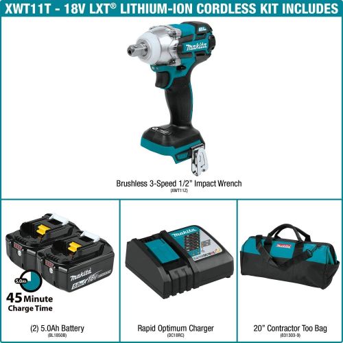  Makita XWT11Z 18V LXT Lithium-Ion Brushless Cordless 3-Speed 12 Impact Wrench, Tool Only,