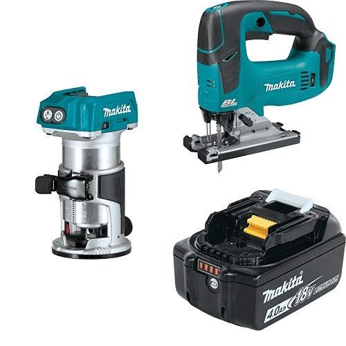  Makita XTR01Z 18V LXT Lithium-Ion Brushless Cordless Compact Router, XVJ02Z 18V LXT Lithium-Ion Brushless Cordless Jig Saw, & BL1840B 18V LXT Lithium-Ion 4.0Ah Battery