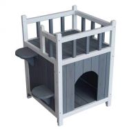 Makr Wooden Cat Pet Home with Balcony Pet House Small Dog Indoor Outdoor Shelter Gray & White