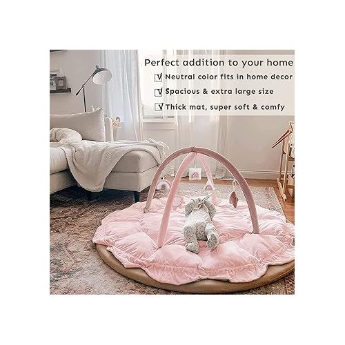  5-in-1 Thick & Plush Baby Play Gym, Baby Play Mats for Floor, Tummy Time Mat with 6 Toys, Cat Bed, Dog Bed, Convertible Stage-Based Developmental from Baby to Toddler, Ball Pit, Pet Cushion, Pink