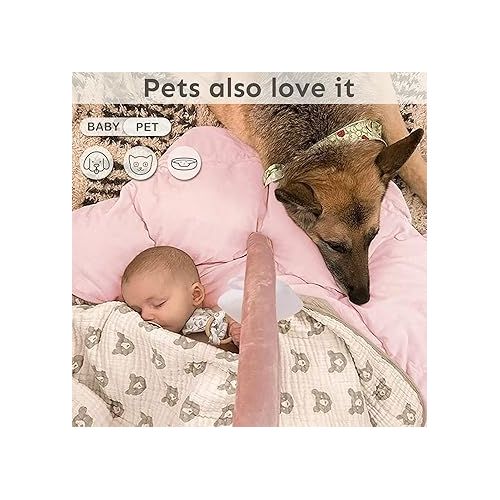  5-in-1 Thick & Plush Baby Play Gym, Baby Play Mats for Floor, Tummy Time Mat with 6 Toys, Cat Bed, Dog Bed, Convertible Stage-Based Developmental from Baby to Toddler, Ball Pit, Pet Cushion, Pink