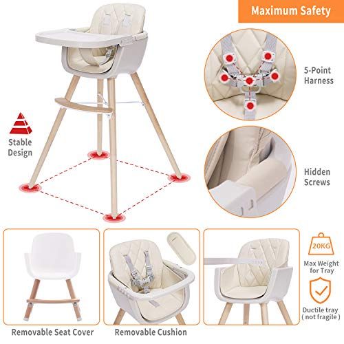  Mallify 3-in-1 Baby High Chair with Adjustable Legs, Tray -Cream Color Dishwasher Safe, Wooden High Chair Made of Sleek Hardwood & Premium Leatherette, Ideal for Small Apartment