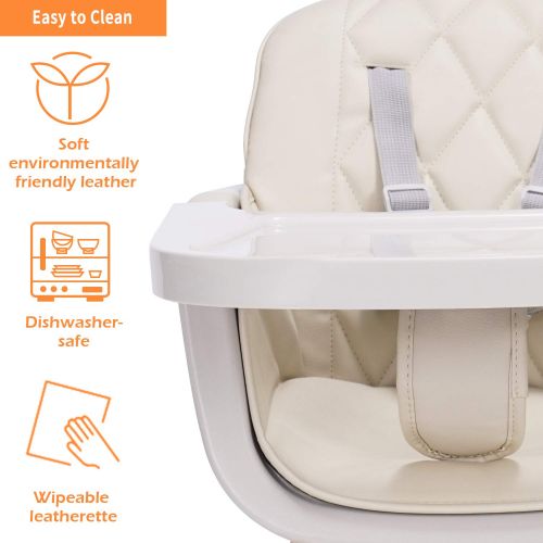  Mallify 3-in-1 Baby High Chair with Adjustable Legs, Tray -Cream Color Dishwasher Safe, Wooden High Chair Made of Sleek Hardwood & Premium Leatherette, Ideal for Small Apartment