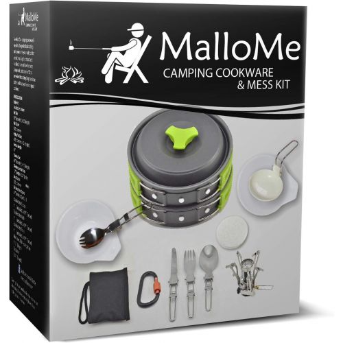  MalloMe Camping Cookware Mess Kit Backpacking Gear & Hiking Outdoors Bug Out Bag Cooking Equipment Cookset | Lightweight, Compact, Durable Pot Pan Bowls (Green 1L 18 pc)