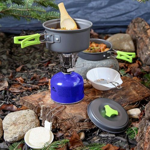  MalloMe Camping Cookware Mess Kit Backpacking Gear & Hiking Outdoors Bug Out Bag Cooking Equipment Cookset | Lightweight, Compact, Durable Pot Pan Bowls (Green 1L 18 pc)