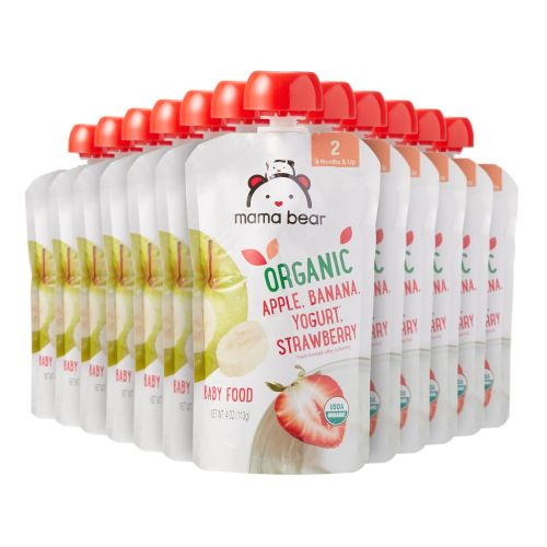  [아마존베스트]Amazon Brand - Mama Bear Organic Baby Food, Stage 2, Apple Banana Yogurt Strawberry, 4 Ounce Pouch (Pack of 12)