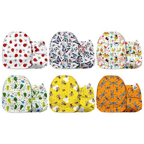  Mama Koala One Size Baby Washable Reusable Pocket Cloth Diapers, 6 Pack Nappies with 6 One Size Microfiber Inserts (Wings & Things)