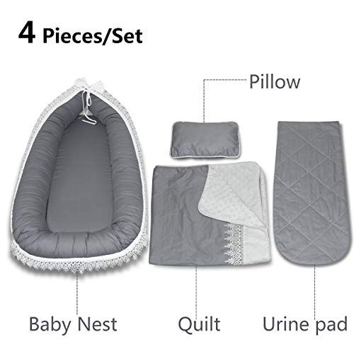  [아마존베스트]Mamibaby Baby Lounger, Baby Nest Lace Portable Super Soft Organic Cotton and Breathable Newborn Lounger 4 Pcs Set/Gray - Perfect for Co-Sleeping