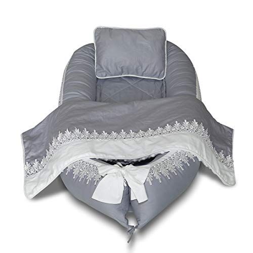  [아마존베스트]Mamibaby Baby Lounger, Baby Nest Lace Portable Super Soft Organic Cotton and Breathable Newborn Lounger 4 Pcs Set/Gray - Perfect for Co-Sleeping