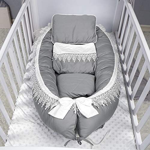  [아마존베스트]Mamibaby Baby Lounger, Baby Nest Lace Portable Super Soft Organic Cotton and Breathable Newborn Lounger 4 Pcs Set/Gray - Perfect for Co-Sleeping