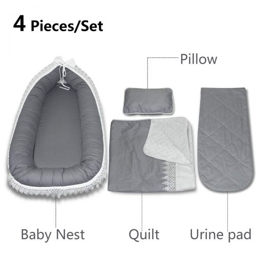  [아마존베스트]Mamibaby Baby Lounger, Baby Nest Lace Portable Super Soft Organic Cotton and Breathable Newborn Lounger 4 Pcs Set/Gray - Perfect for Co-Sleeping