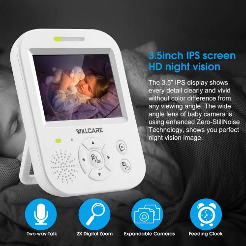  Mammas Club Video Baby Monitor with Camera, HD Night Vision, Two-Way Talk, Wall Mounted, Remote Pan Tilt Camera and 3.5inch HD IPS Screen, 2nd Camera Available.
