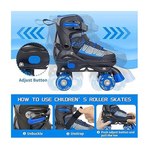  MammyGol Roller Skates for Kids Boys Girls, Adjustable Quad Skates with Light Up Wheels for Toddler Little Kids Ages 6-12, Beginners Outdoor Sports