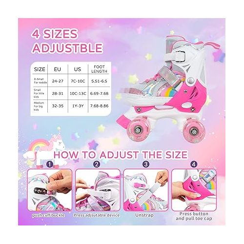  MammyGol Roller Skates for Girls Kids, 4 Size Adjustable Rainbow Quad Skates with All Light Up Wheels for Toddlers Boys Outdoor Indoor