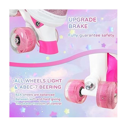  MammyGol Roller Skates for Girls Kids, 4 Size Adjustable Rainbow Quad Skates with All Light Up Wheels for Toddlers Boys Outdoor Indoor