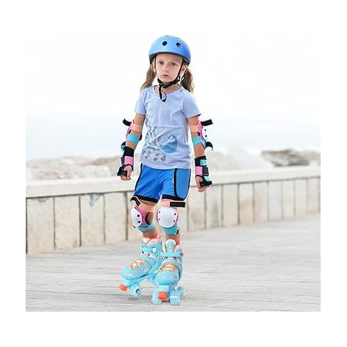 MammyGol Roller Skates for Girls Kids Boys, 4 Sizes Adjustable Quad Toddler Skates Indoor Outdoor Ages 3-8, Pink Blue Purple Green