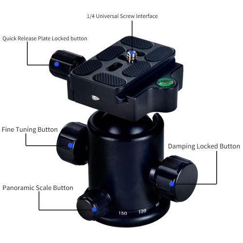  Damping Ball Head, Manbily Professional Photography Camera Tripod Mount Ballhead, 360 Degree Rotatable [Panoramic Head], 3D Head with [14 Quick Release Plate] [Dual Bubble Level]