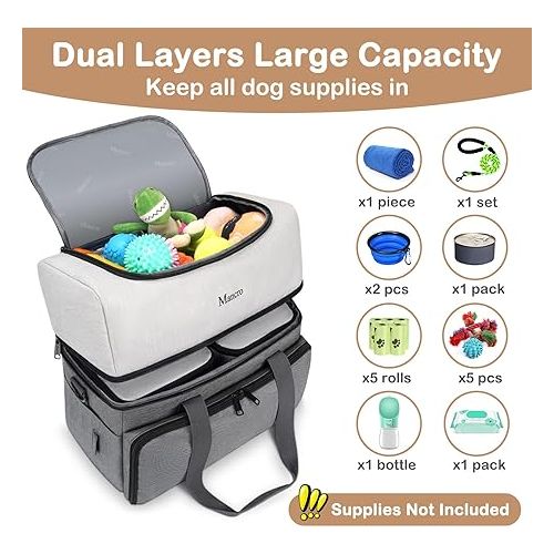  Mancro Dual Layers Dog Travel Bag, Pet Travel Bags with 2 Extra Large Food Containers, 2 Collapsible Dog Bowls, Multi-Pockets Tote Organizer for Dog Supplies, Dog Road Trip Essentials, Weekend Camping