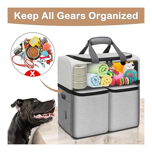  Mancro Dual Layers Dog Travel Bag, Pet Travel Bags with 2 Extra Large Food Containers, 2 Collapsible Dog Bowls, Multi-Pockets Tote Organizer for Dog Supplies, Dog Road Trip Essentials, Weekend Camping