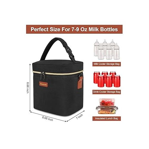  Mancro Breastmilk Cooler Bag with Ice Pack, Fits 6 Baby Bottles Up to 9 Ounce Insulated Bottle Bag, Breast Milk on The go Strap, for Nursing Mom Daycare, Black