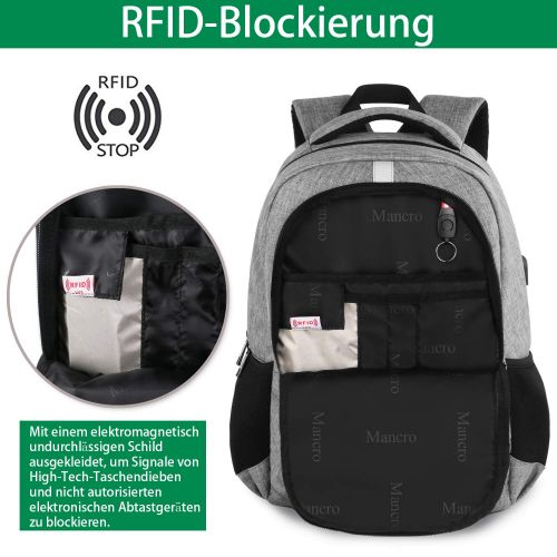  [아마존 핫딜]  [아마존핫딜]Mancro Laptop Rucksack, 15,6 Zoll Backpack Schulrucksack Daypack Business Notebook Taschen mit USB Ladeanschluss und RFID Tasche fuer Herren Damen Manner Schueler Jungen Teenager - Grau MEH