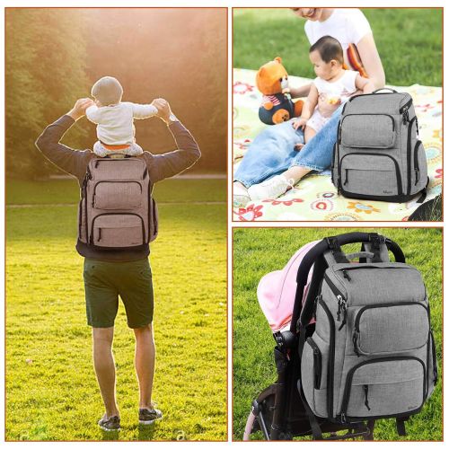  Dad Diaper Bag Backpack,Multi-functional Baby Travel Back Pack for men or women,Mancro Large Capacity Waterproof Dad Work Bag with Laptop Pocket and Stroller Straps,Gray