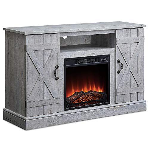  Mandycng 47 Inch Wooden Infrared Electric Fireplace, TV Stand Up to 50 with Heater Fireplace, Realistic Glowing Log Burn Flame Heater Storage Entertainment Room Organizer TV Shelf Door Cabi