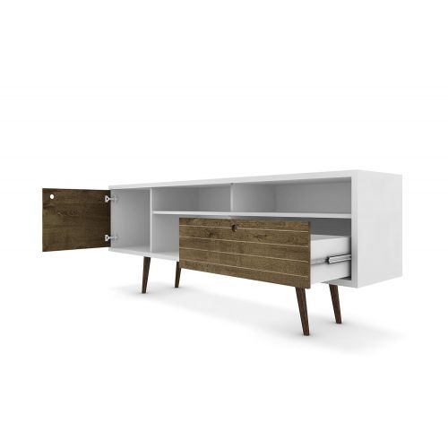  Manhattan Comfort Liberty Collection Mid Century Modern TV Stand With Three Shelves, One Cabinet and One Drawer With Splayed Legs, White/Wood