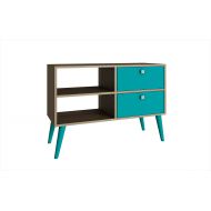 Manhattan Comfort Dalarna Series Long Tabletop TV Stand Console with Open Shelf Design and 2 Drawers, Oak and Aqua