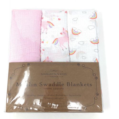  Manhattan Kids Vintage Muslin Swaddle Blankets 100% Cotton |102cm × 102cm| Unicorn & Rainbows