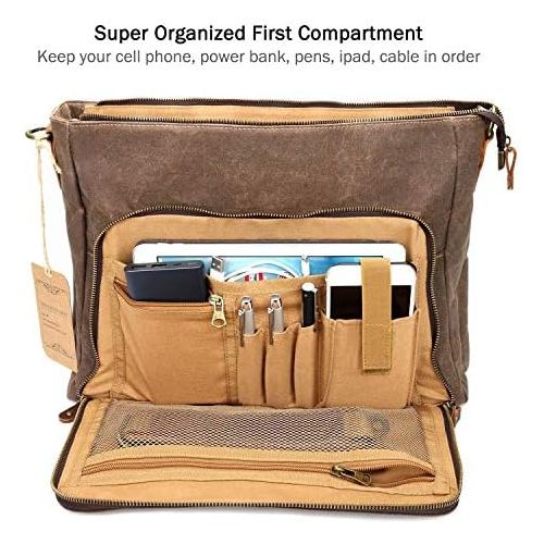  [아마존베스트]Manificent Laptop Messenger bag for Mens 15.6 Inch, Waterproof Vintage Genuine Leather Mens Briefcase shoulder bag 16 Storage Pockets, Waxed Canvas Leather Computer Business Satche