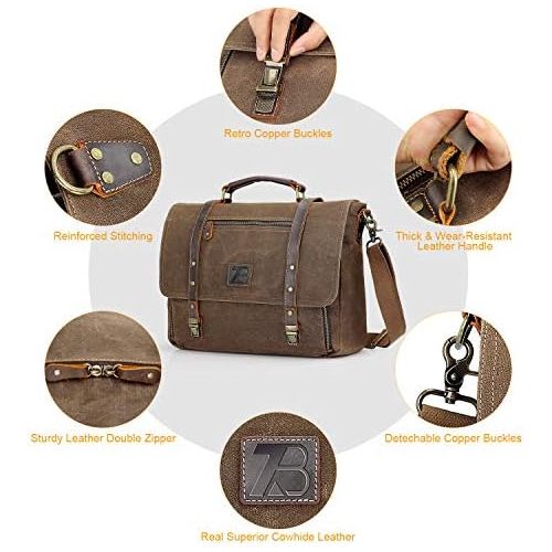  [아마존베스트]Manificent Laptop Messenger bag for Mens 15.6 Inch, Waterproof Vintage Genuine Leather Mens Briefcase shoulder bag 16 Storage Pockets, Waxed Canvas Leather Computer Business Satche