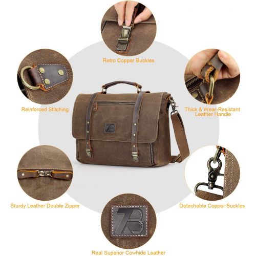  [아마존베스트]Manificent Laptop Messenger bag for Mens 15.6 Inch, Waterproof Vintage Genuine Leather Mens Briefcase shoulder bag 16 Storage Pockets, Waxed Canvas Leather Computer Business Satche