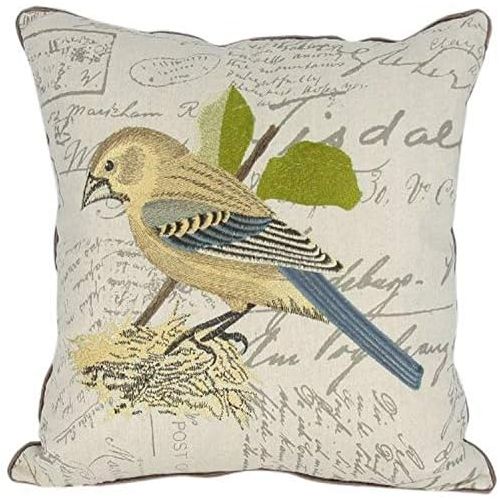  Manor Luxe Avian Collection Embroidered Bird Decorative Pillow, Bird on Nest, 18-Inch by 18-Inch