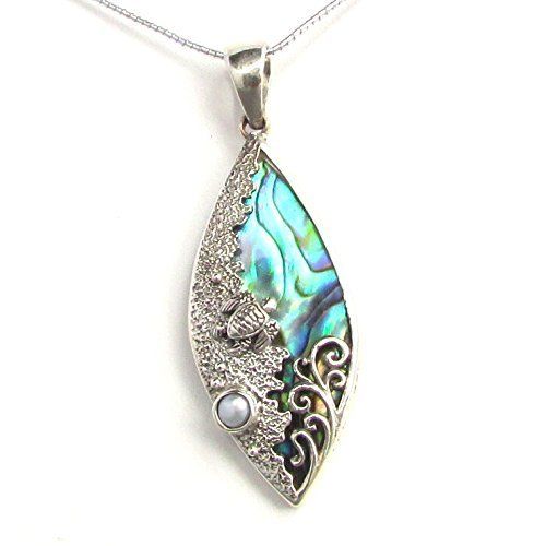  Manta Ray Bliss Hawaii Handmade Jewelry Sea Turtle Wave Necklace Pendant Large | Paua Abalone Shell | Pearl | Sterling Silver | Ocean | Beach | Gift | Jewelry | Handmade | Unique