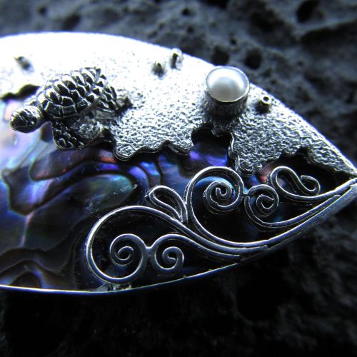  Manta Ray Bliss Hawaii Handmade Jewelry Sea Turtle Wave Necklace Pendant Large | Paua Abalone Shell | Pearl | Sterling Silver | Ocean | Beach | Gift | Jewelry | Handmade | Unique