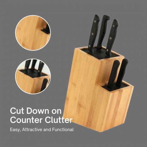  Mantello Bamboo Universal Knife Block Two-Tiered Slot-Less Wooden Knife Stand, Organizer & Holder - Convenient Safe Storage for Large & Small Knives & Utensils - Easy to Clean Remo