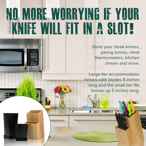  Mantello Wood Universal Knife Block Two-Tiered Slot-Less Wooden Knife Stand, Organizer & Holder - Convenient Safe Storage for Large & Small Knives & Utensils - Easy to Clean Remova