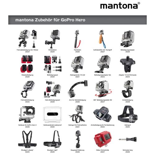  Mantona Surfing Halter Pad Set (geeignet fuer GoPro Hero 6 5 4 3+ 3 2 1, Session und andere kompatible Action Cams, Set aus Klebepad Halter und Halteleine, mit Adapter fuer FCS Finne