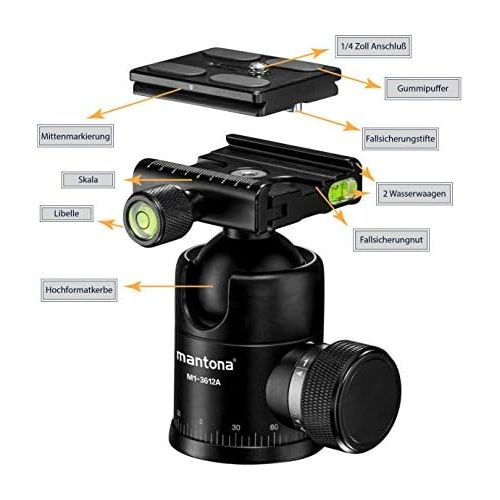  [아마존베스트]Mantona Onyx 12 Ball Head (M1-3612A) Arca-Swiss Compatible Quick Release Plate 50 mm Professional Finish for DSLR, Mirrorless Camera, System Camera, Digital Camera, Camcorder Black