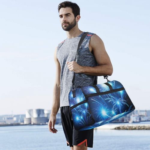  Maolong Beautiful Blue Fireworks Travel Duffel Bag for Men Women Large Weekender Bag Carry-on Luggage Tote Overnight Bag